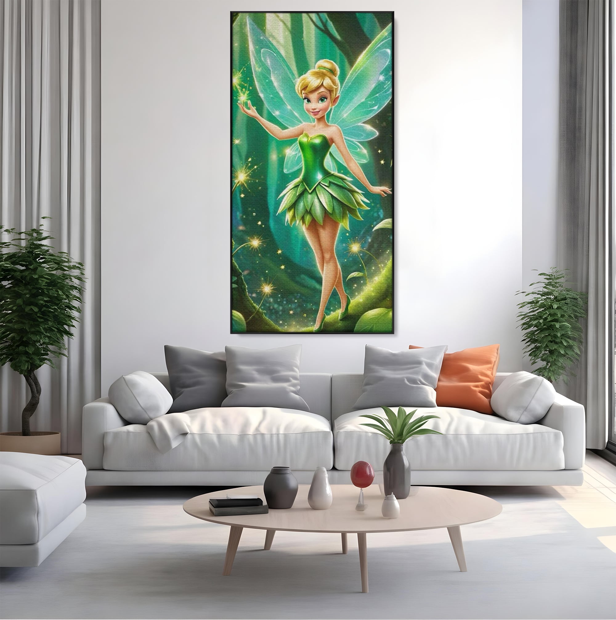 Tablou canvas cu tablou canvas cu zana tinker bell, in rama de aluminiu negru, pe perete intr-un living